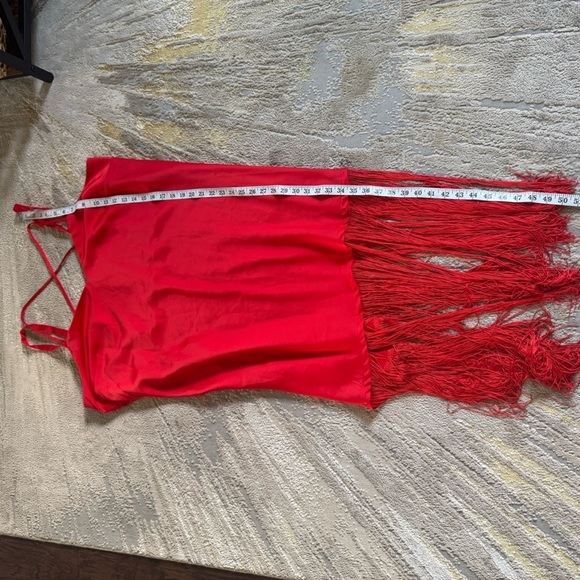 ELOQUII SEXXXY red satin fringe asymmetrical fringe midi slip dress 20 - Picture 7 of 9